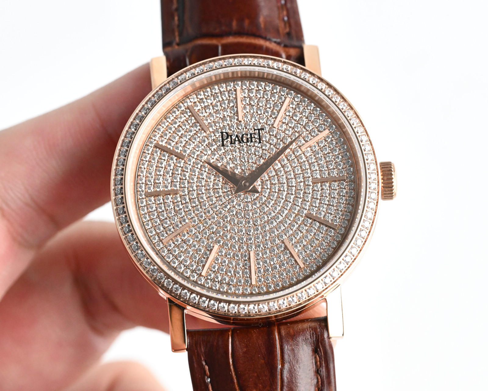 Piaget Altiplano rose gold case, diamond bezel, diamond-paved dial, brown leather strap 41mm Men's Manual