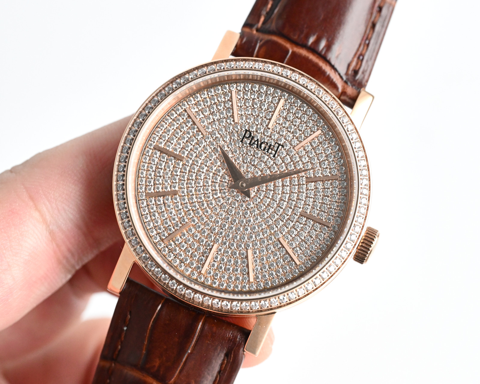 Piaget Altiplano rose gold case, diamond bezel, diamond-paved dial, brown leather strap 41mm Men's Manual