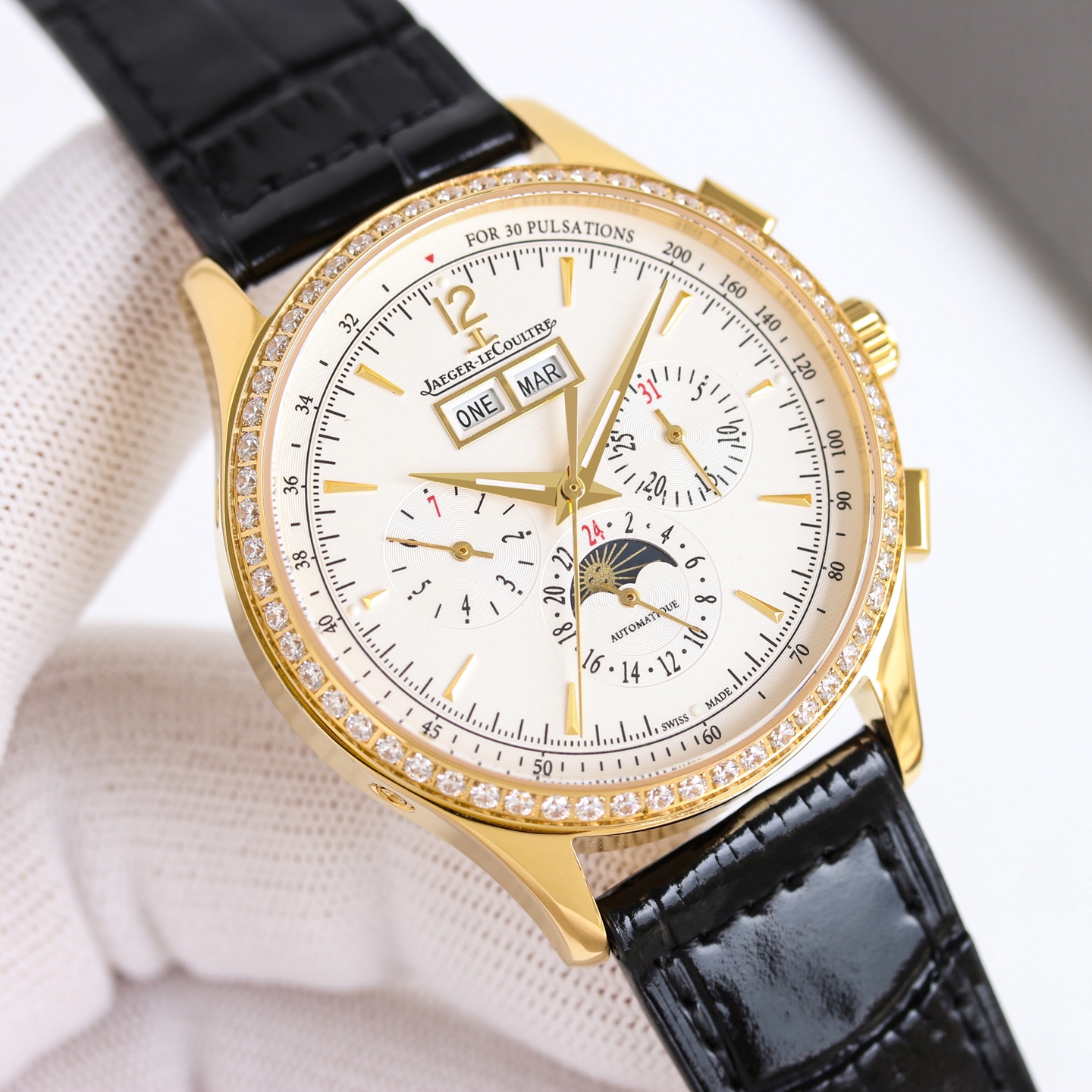 Jaeger-LeCoultre Master Control Calendar Chronograph 4138420 silver-tone diamond bezel white dial black leather strap 40mm Men's Automatic