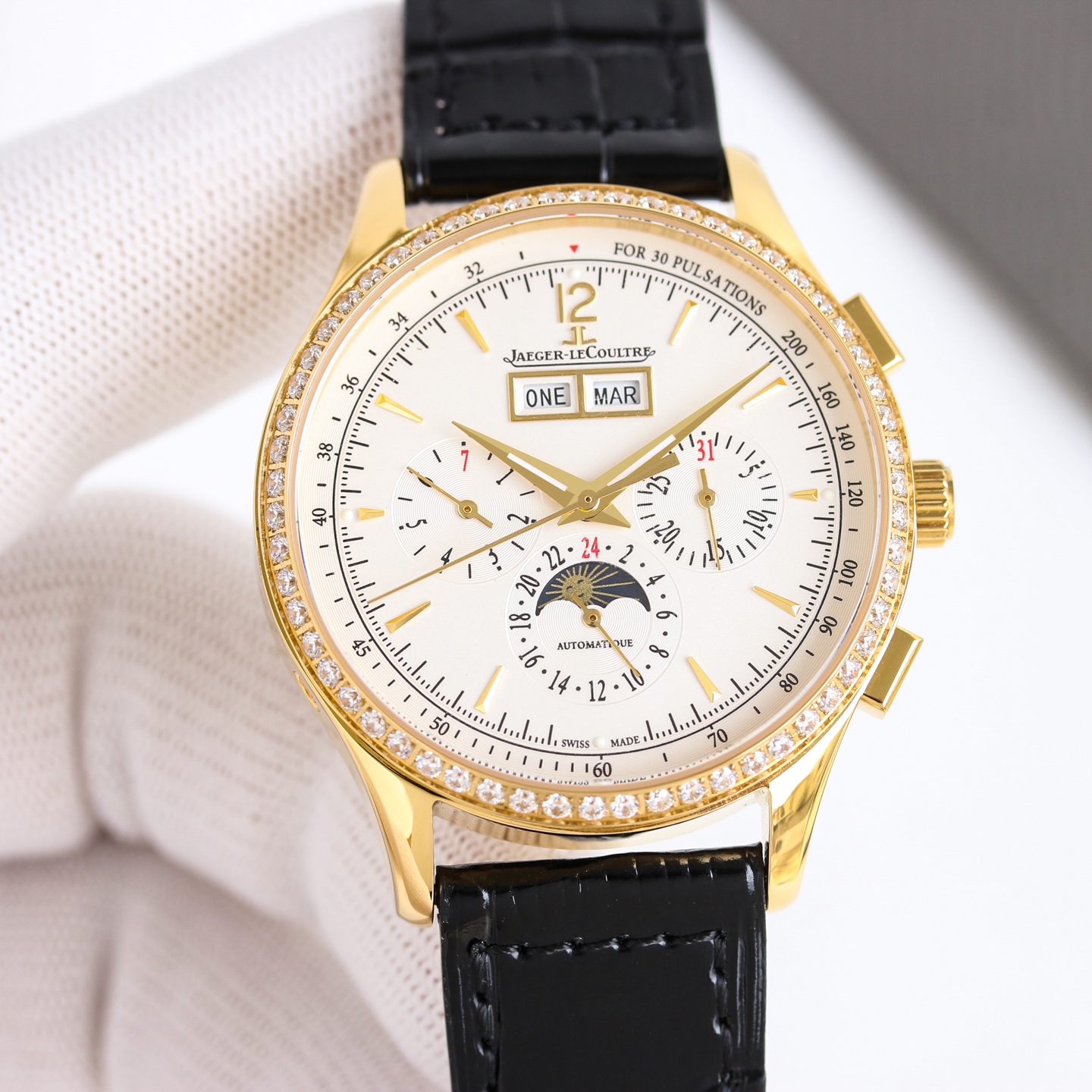 Jaeger-LeCoultre Master Control Calendar Chronograph 4138420 silver-tone diamond bezel white dial black leather strap 40mm Men's Automatic