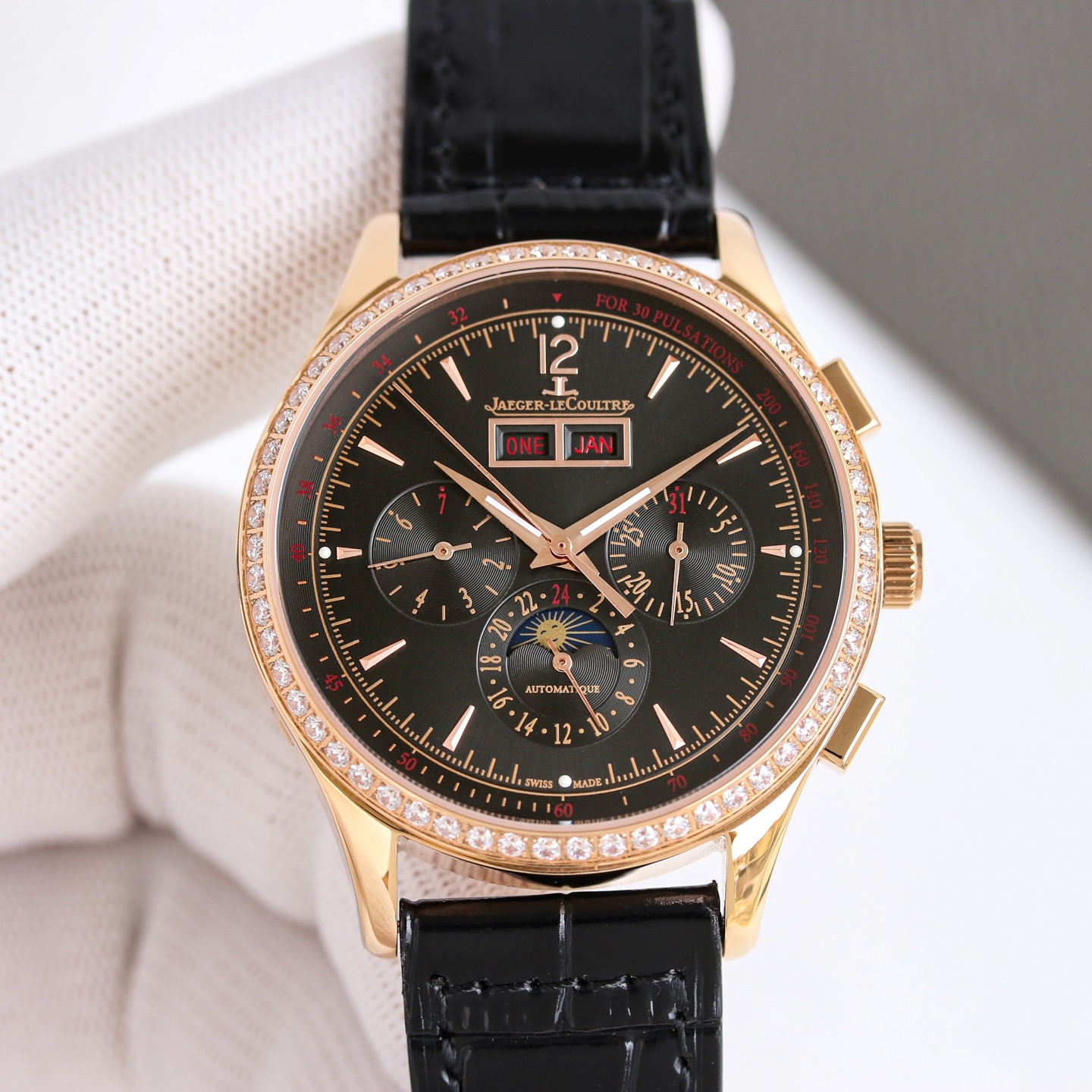 Jaeger-LeCoultre Master Control Calendar Chronograph 4132420 rose gold diamond-set bezel, black dial, black leather strap 40mm Men's Automatic