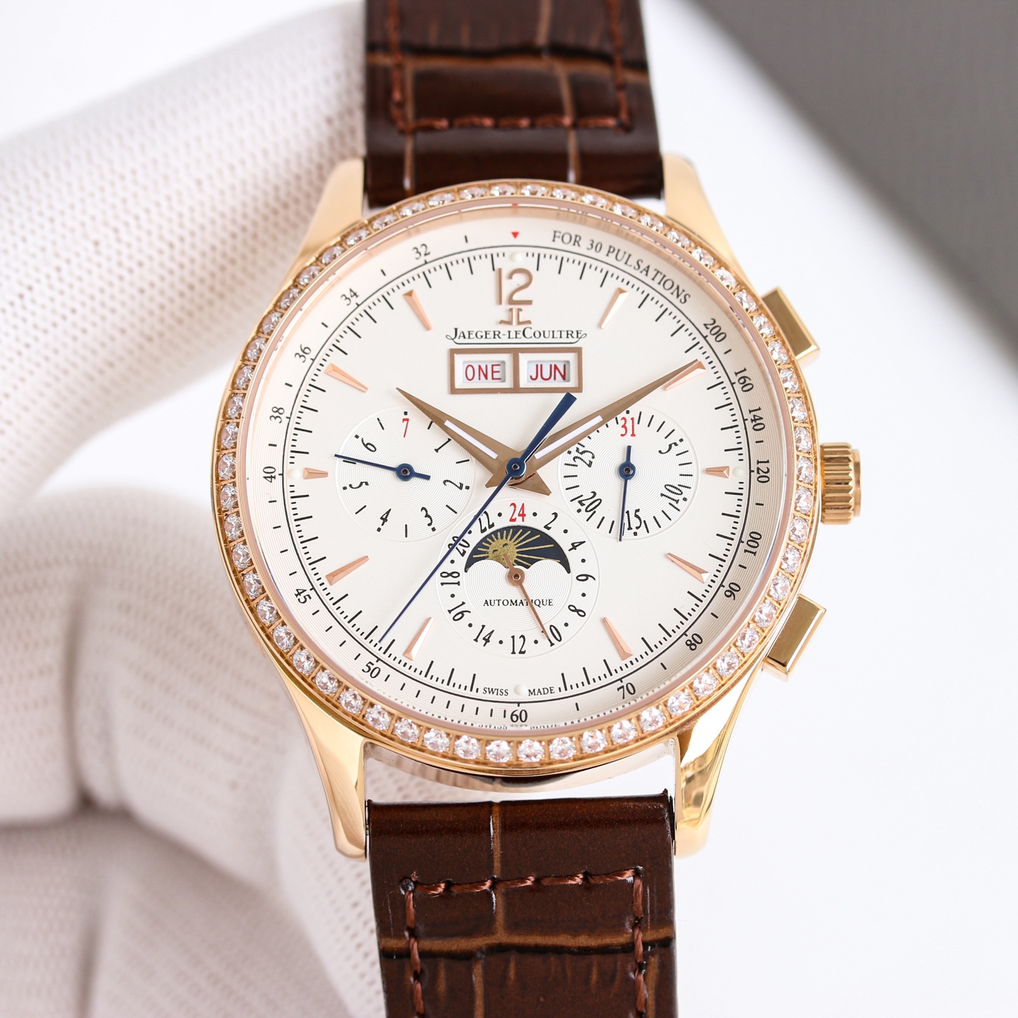 Jaeger-LeCoultre Master Control Calendar Chronograph 4132420 rose gold diamond-set bezel, black dial, black leather strap 40mm Men's Automatic
