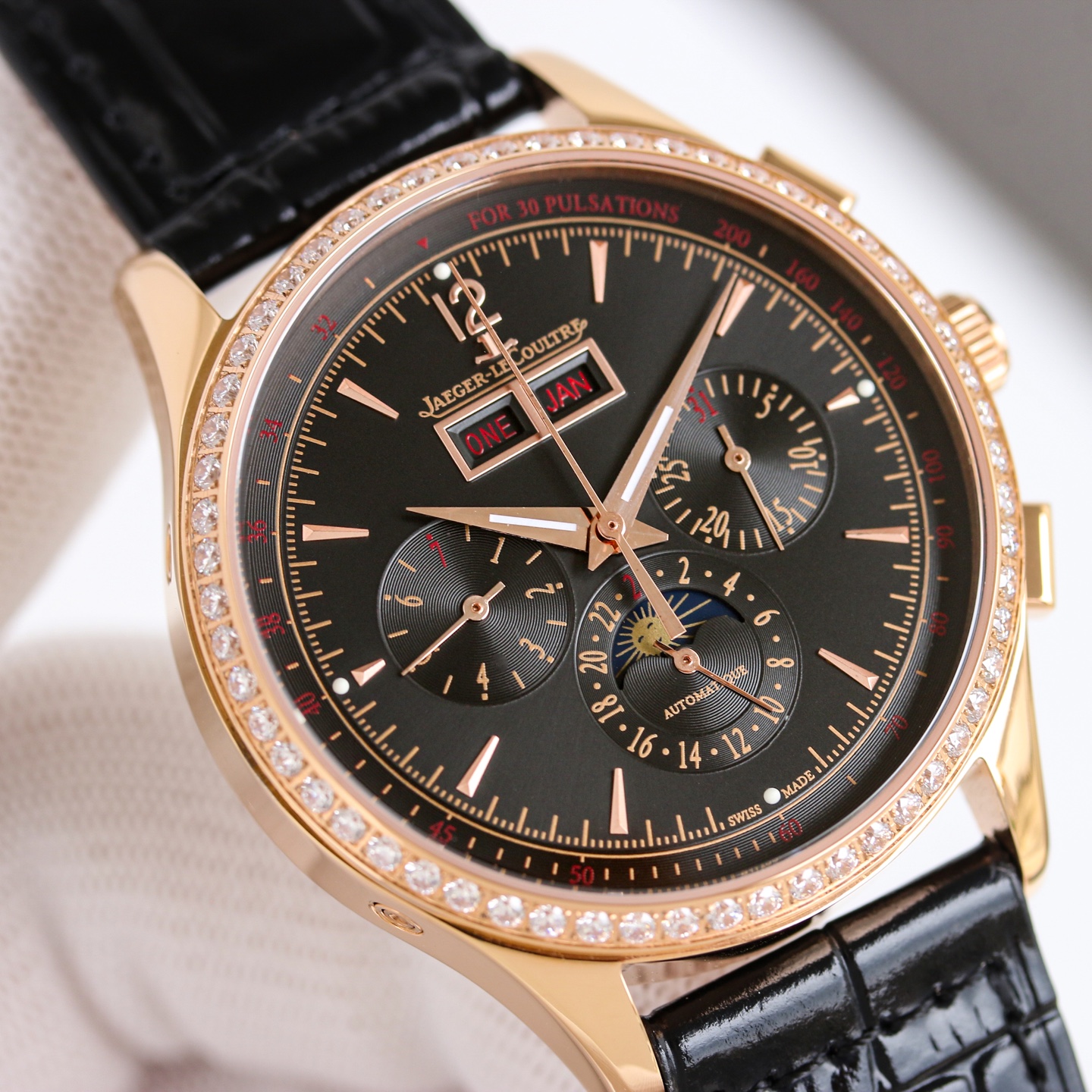 Jaeger-LeCoultre Master Control Calendar Chronograph 4132420 rose gold diamond-set bezel, black dial, black leather strap 40mm Men's Automatic