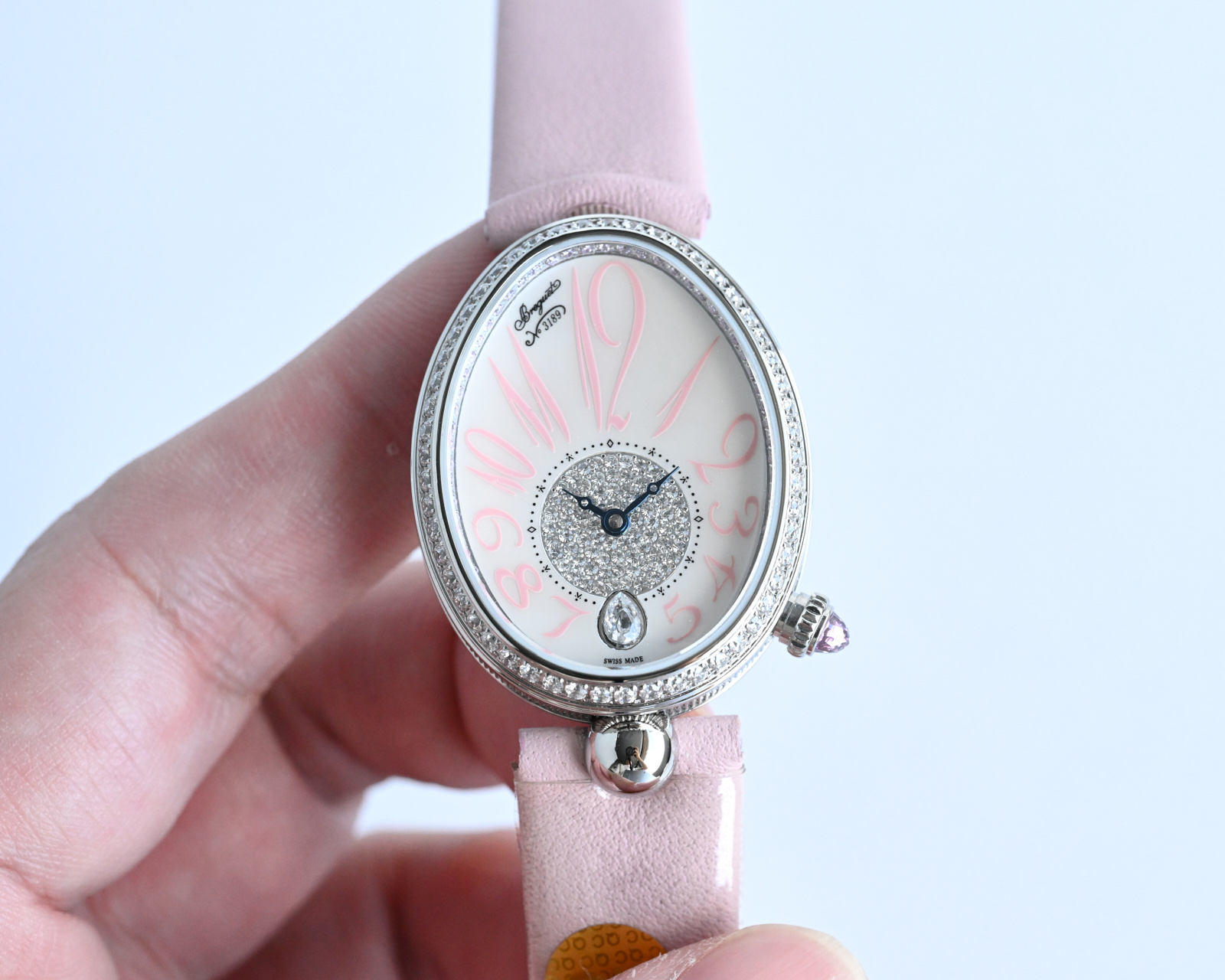 Breguet Reine de Naples 8928 rose gold diamond-set case, silver guilloche dial, black leather strap 33mm Women's Automatic