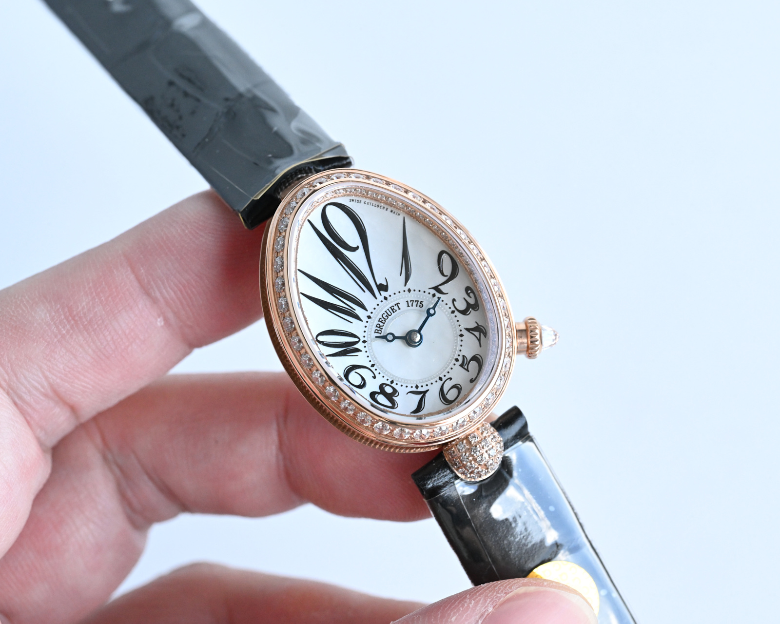 Breguet Reine de Naples Silver case, diamond bezel, white dial, black strap 36mm Women's Automatic