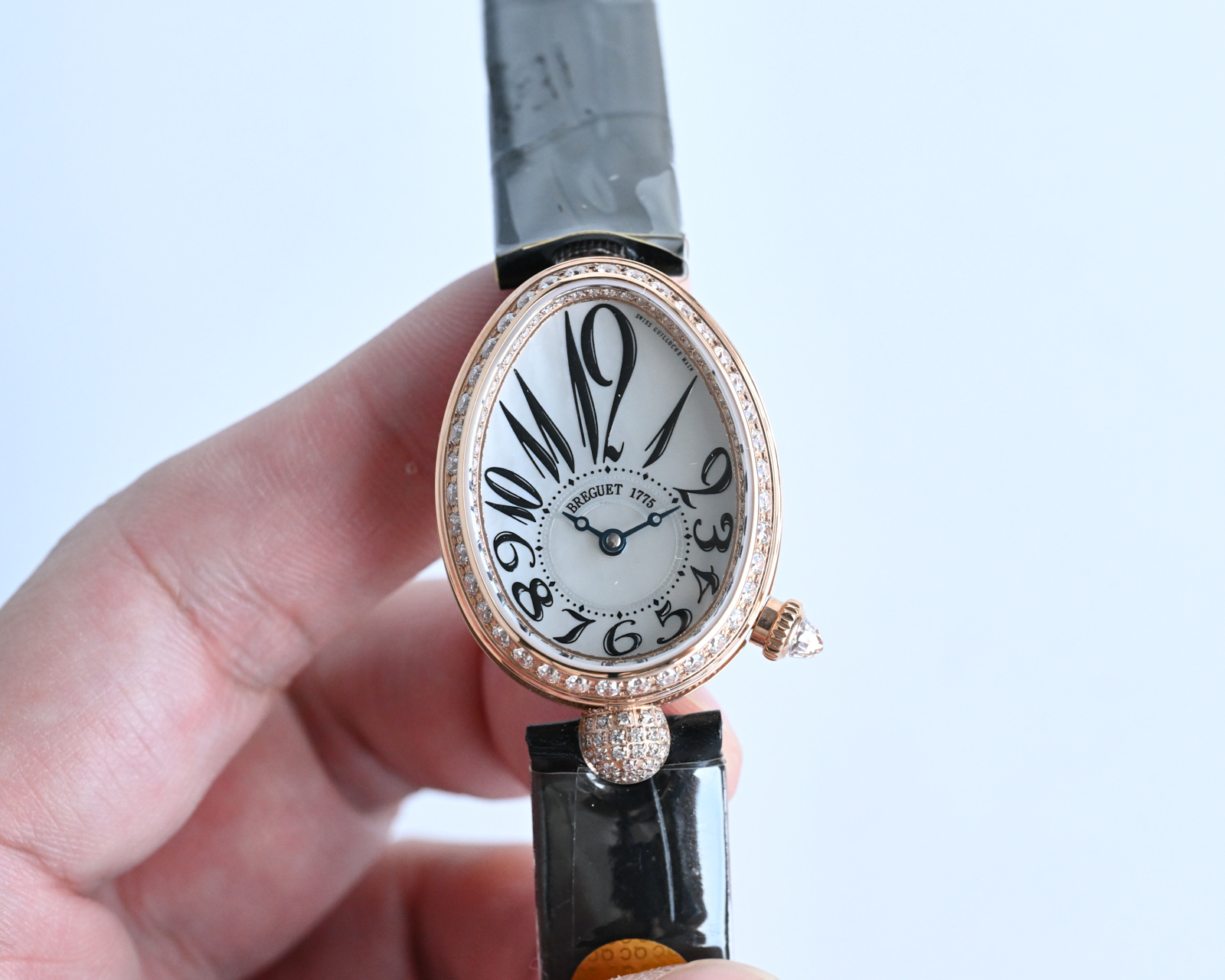 Breguet Reine de Naples Silver case, diamond bezel, white dial, black strap 36mm Women's Automatic