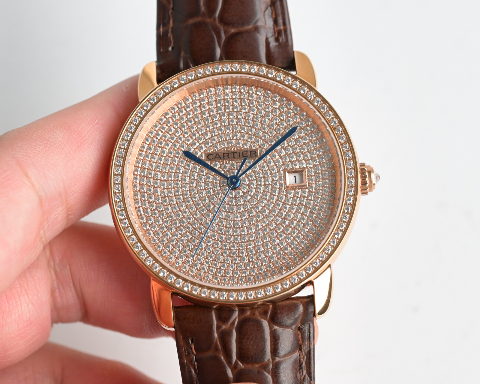 Cartier Rotonde de Cartier silver diamond-set case and bezel, silver diamond-paved dial, black leather strap 42mm Men's Automatic