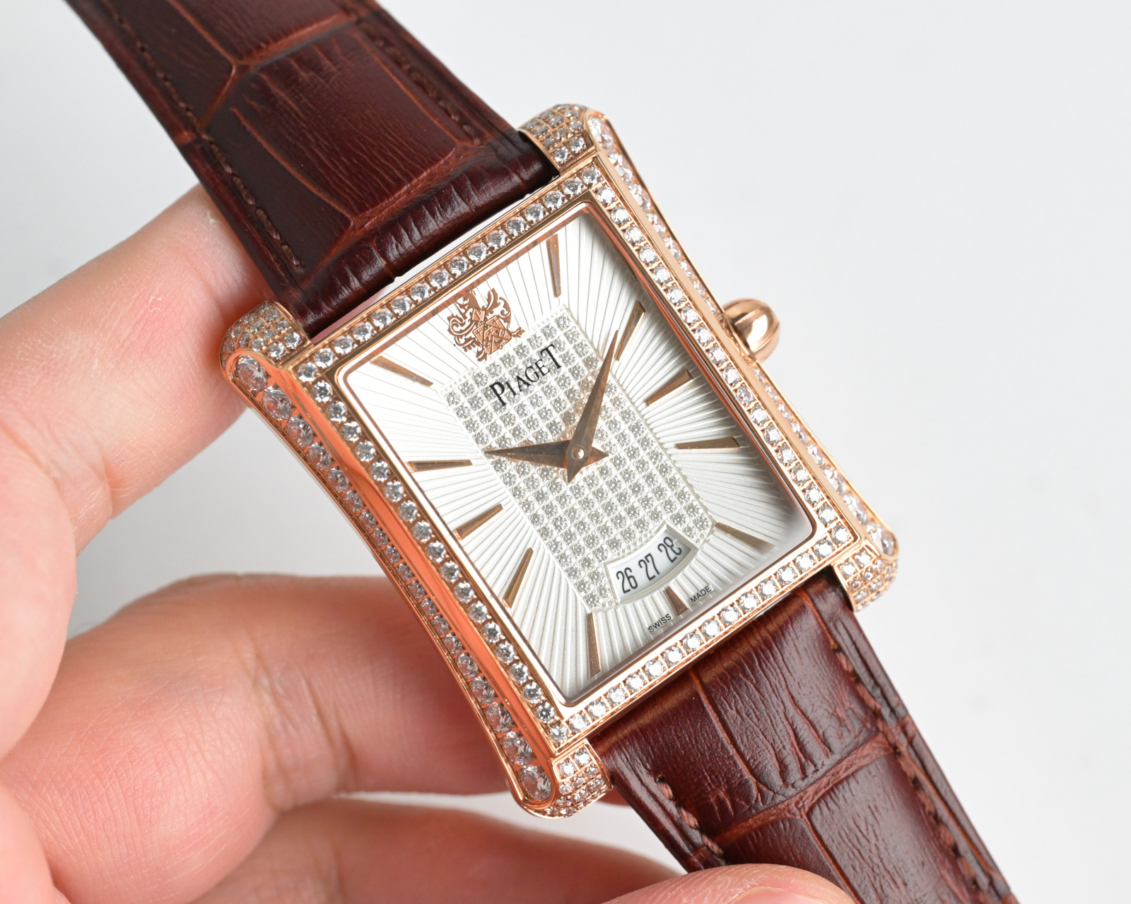 Piaget Possession Rectangular rose gold diamond-set case, silver diamond dial, brown leather strap 24mm Women's Quartz