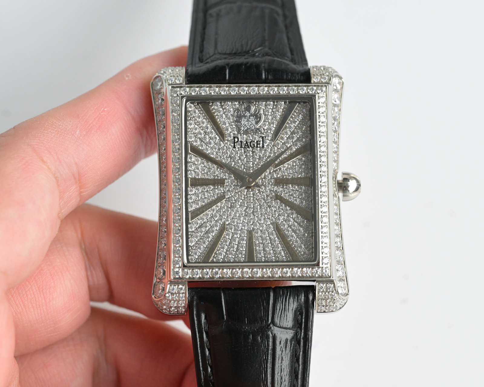 Piaget Possession Rectangular rose gold diamond-set case, silver diamond dial, brown leather strap 24mm Women's Quartz