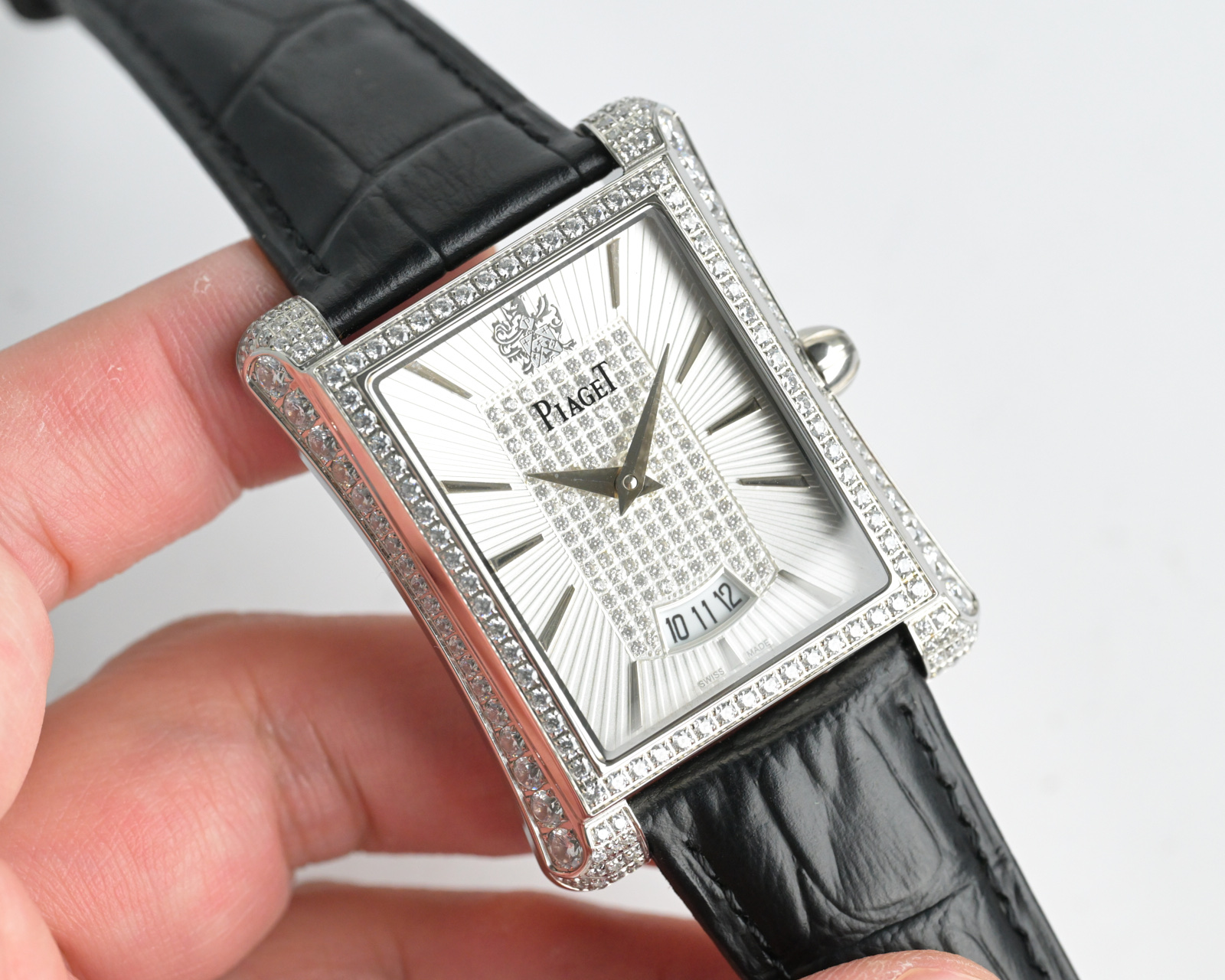 Piaget Possession Rectangular rose gold diamond-set case, silver diamond dial, brown leather strap 24mm Women's Quartz