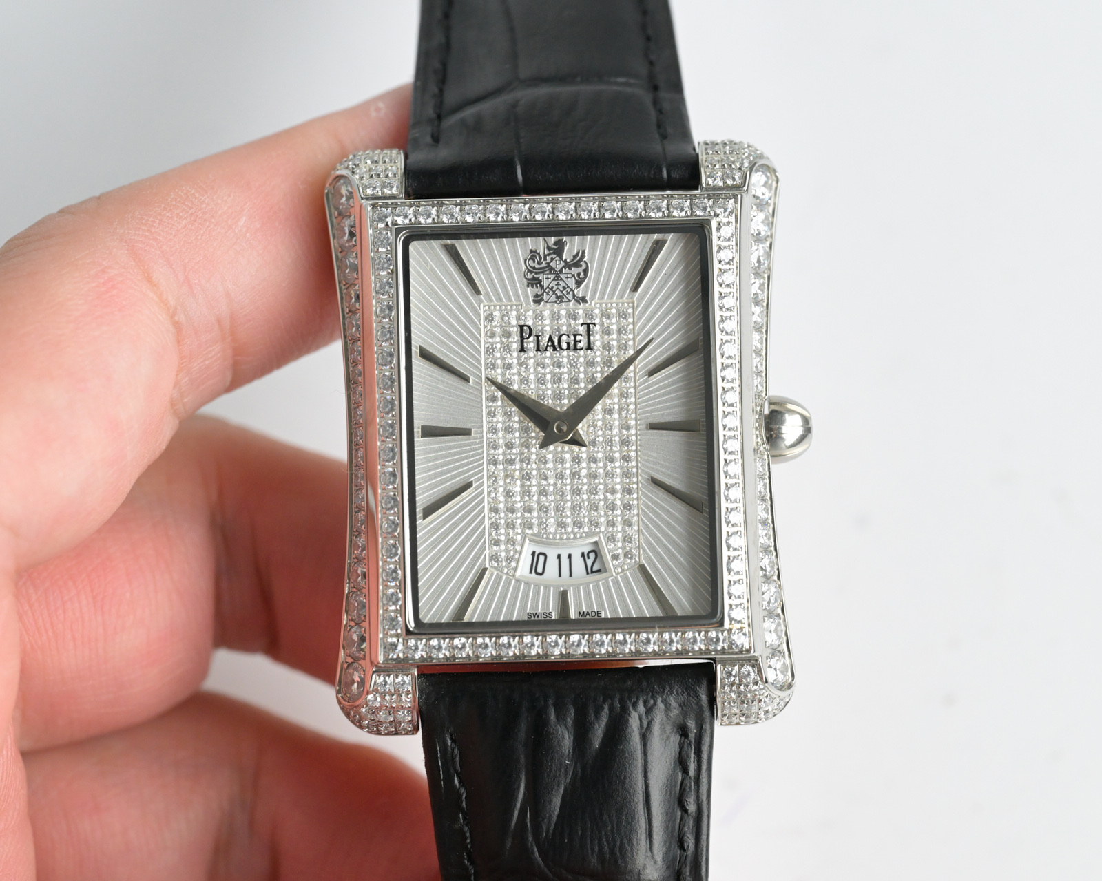 Piaget Possession Rectangular rose gold diamond-set case, silver diamond dial, brown leather strap 24mm Women's Quartz