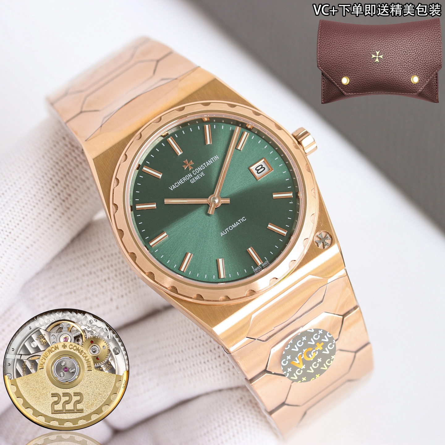 NO:552489,Gold VC+ Factory Vacheron Constantin's historical masterpiece series of iconic luxury sports watches to commemorate the 222nd anniversary of the brand. Case size 37mm/8mm barrel-shaped adopts a three-part structure so that the whole is not too small. The grooved large gear bezel and the Maltese cross logo at 5 o'clock show its noble atmosphere. The dial is gold, rose gold, brushed silver and brushed gray with brushed metal bar hour markers and stick hands with luminous coating, retaining the most classic two hands.  The movement is modified to Vacheron Constantin's own Caliber 2. The components from the plywood to the steel wheel are all exquisitely decorated, and the automatic rotor is plated with 22k gold and engraved with 222 fonts. The strap uses an integrated hexagonal central link to make the entire watch more angular, without losing the timeless and elegant beauty.,,vacheron,gold19860909金 VC+工厂 江诗丹顿 历史名作 系列标志性豪华运动型腕表以纪念品牌成立222周年. 表壳尺寸 37mm/8mm酒桶形采用三部分结构让整体并不显小,凹槽大齿轮表圈搭配5点钟位置的马耳他十字标志尽显其尊贵气息 表盘金色.玫瑰金.拉丝银及拉丝灰搭配金属拉丝附有夜光涂层的条形时标及棒状指针,保留最经典的二针 机芯改江诗丹顿自产/2机芯.从夹板到钢轮等部件均精工装饰,自动摆坨更是镀有22k黄金并篆刻222字体 表带采用一体式六边型中央链节让整表更显棱角分明,同时又不失隽永优雅的美感,,,vacheron,gold,Watch