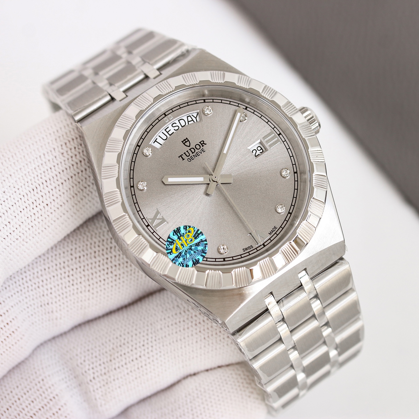 Tudor Royal Day-Date stainless steel case and bracelet, silver bezel, silver dial 41mm Men's Automatic