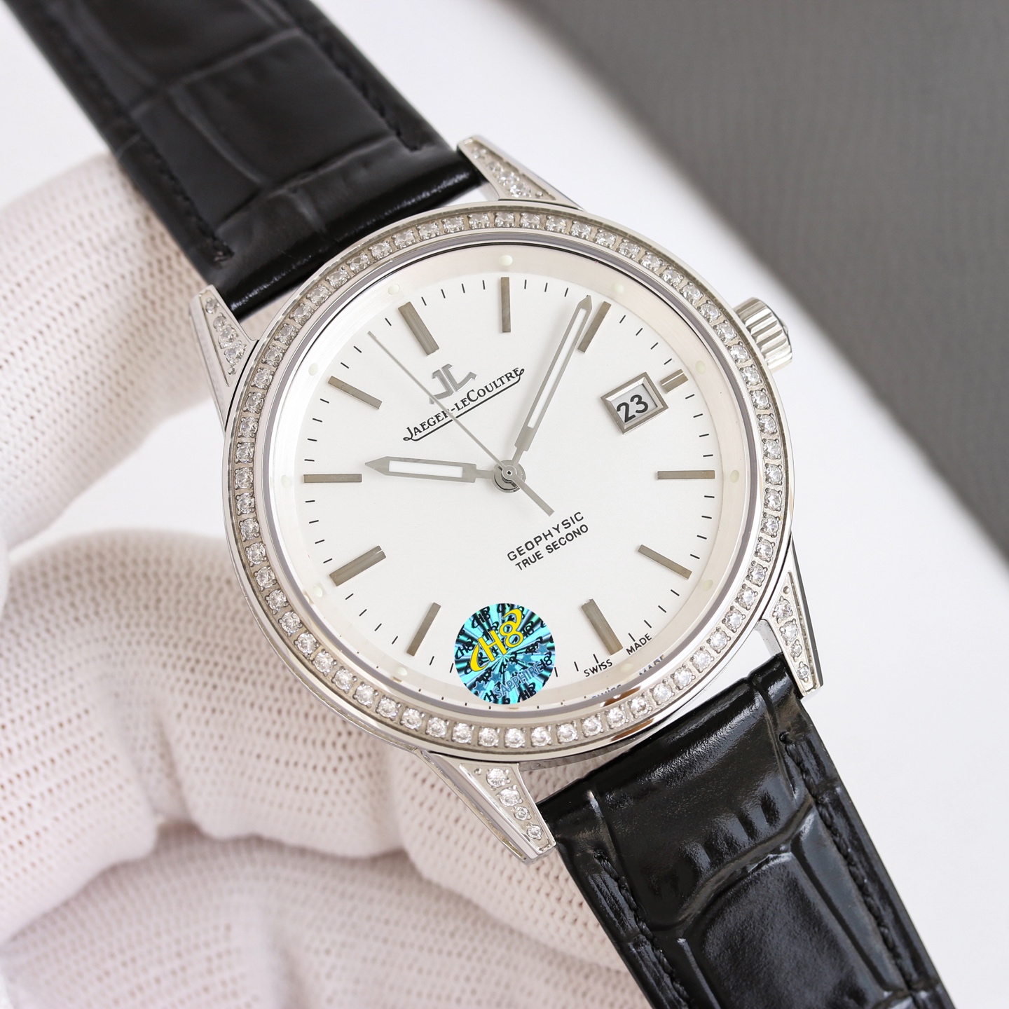 Jaeger-LeCoultre Geophysic True Second rose gold case, diamond-set bezel, salmon dial, brown leather strap 38.5mm Men's Automatic