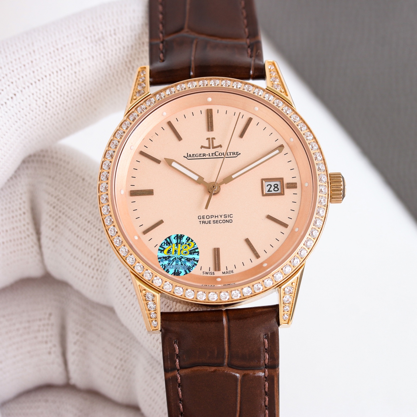 Jaeger-LeCoultre Geophysic True Second rose gold case, diamond-set bezel, salmon dial, brown leather strap 38.5mm Men's Automatic