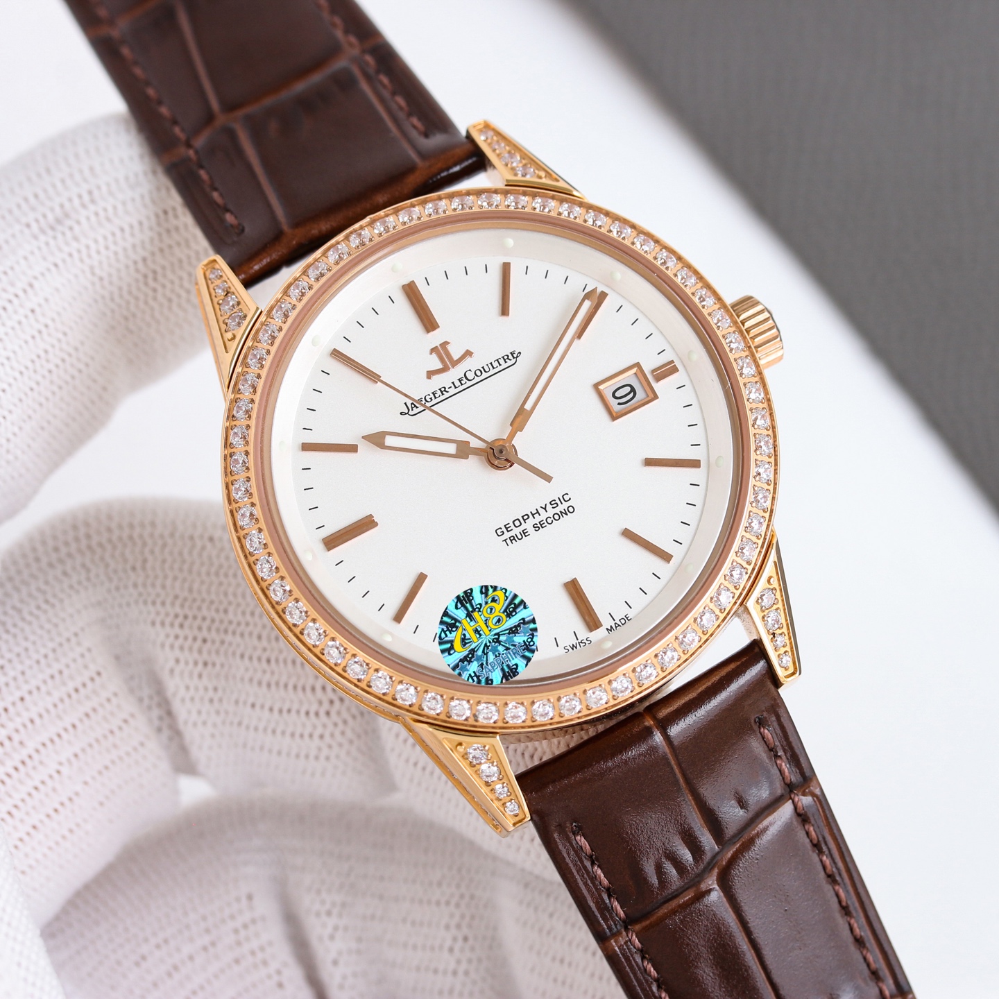 Jaeger-LeCoultre Geophysic True Second rose gold case, diamond-set bezel, salmon dial, brown leather strap 38.5mm Men's Automatic