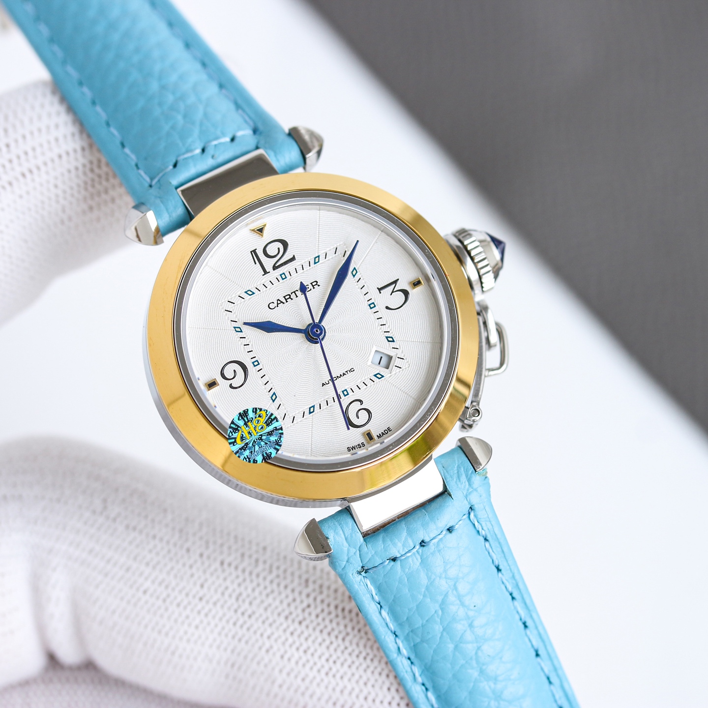 Cartier Pasha de Cartier 32mm stainless steel case, silver guilloche dial, blue leather strap 32mm Women's Automatic