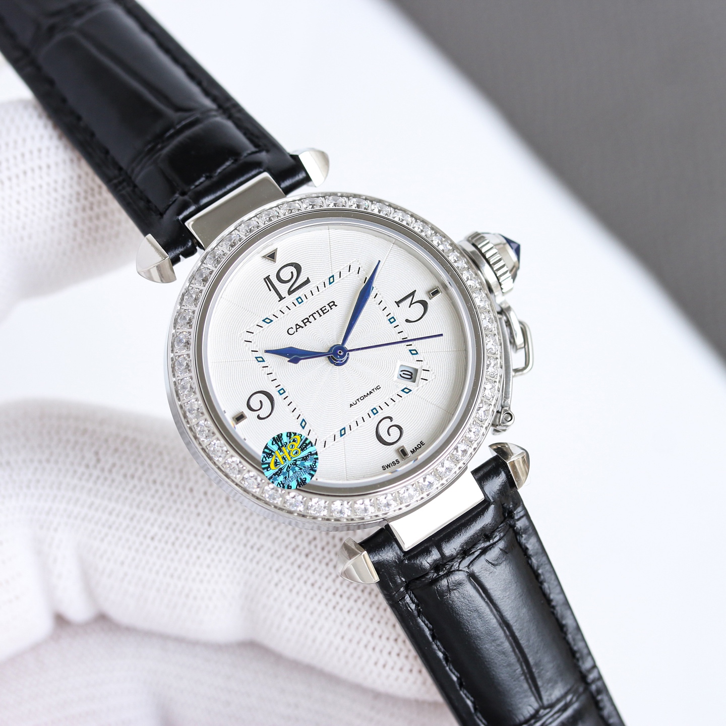Cartier Pasha de Cartier 32mm stainless steel case, silver guilloche dial, blue leather strap 32mm Women's Automatic