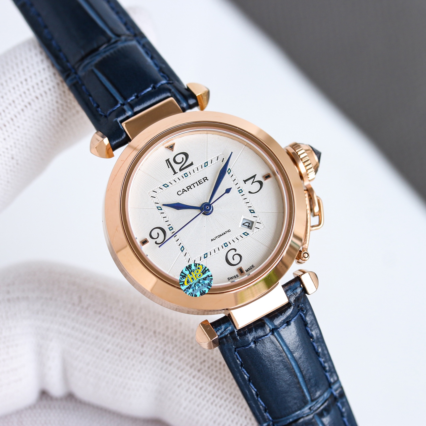 Cartier Pasha de Cartier 32mm stainless steel case, silver guilloche dial, blue leather strap 32mm Women's Automatic