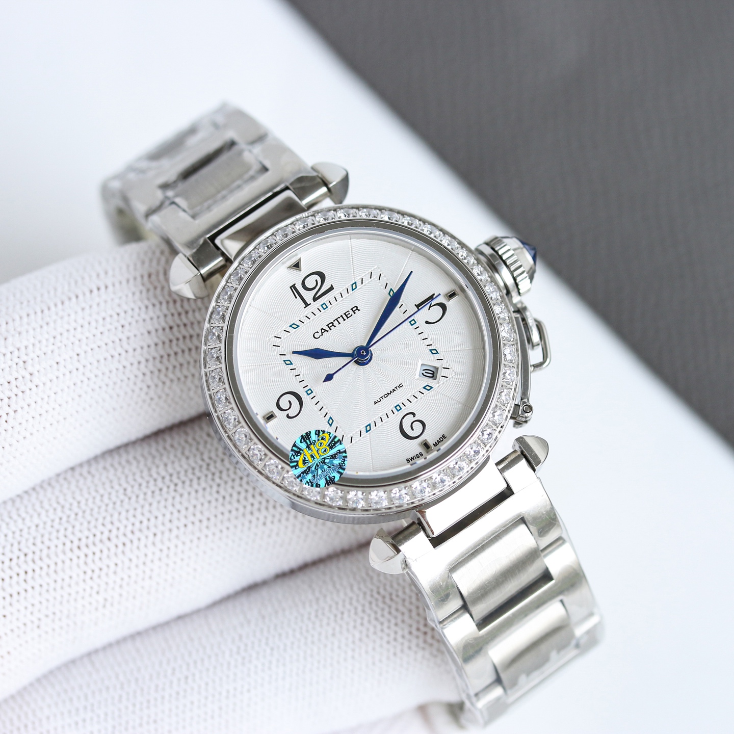 Cartier Pasha de Cartier Cassa e bracciale in acciaio inossidabile da 32 mm, quadrante argentato, lancette blu 32 mm Automatico da donna