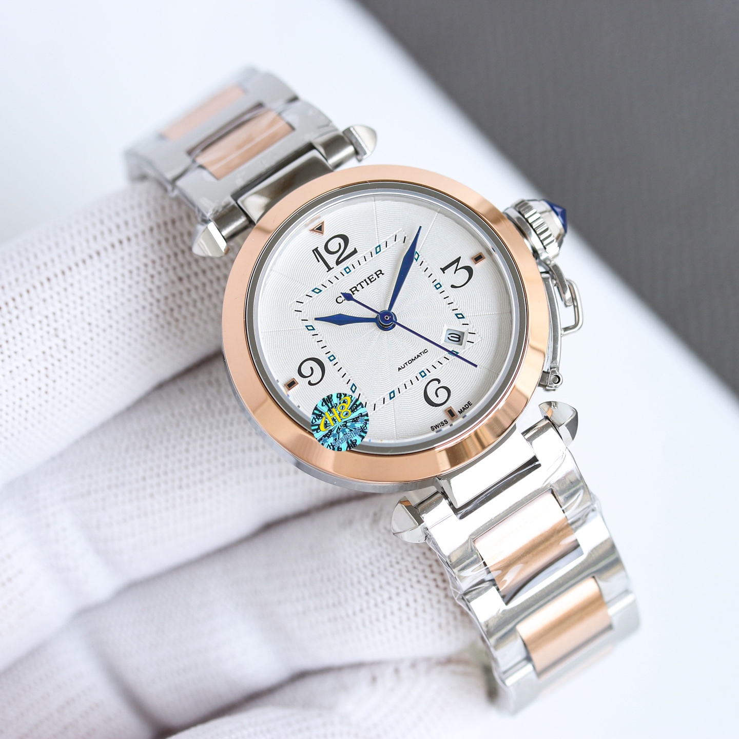Cartier Pasha de Cartier Cassa e bracciale in acciaio inossidabile da 32 mm, quadrante argentato, lancette blu 32 mm Automatico da donna