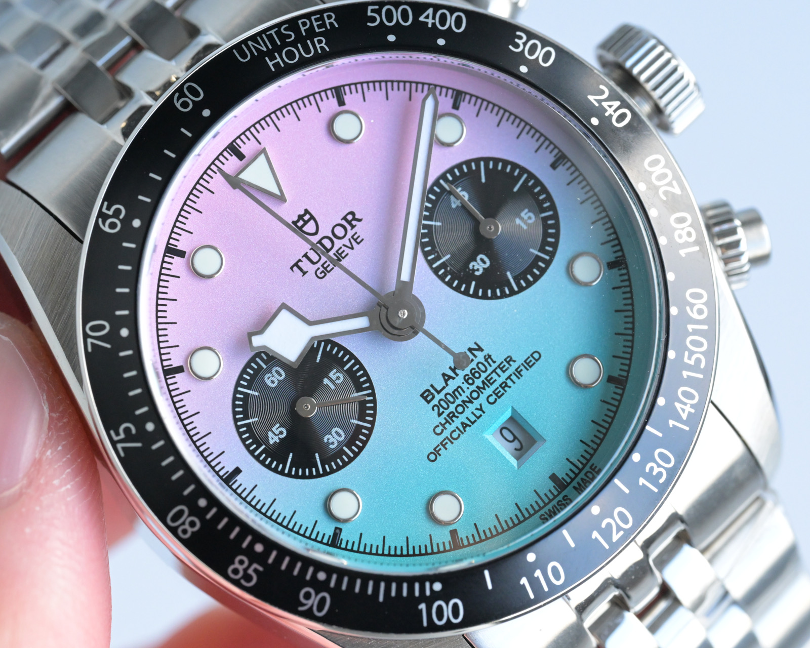 Tudor Black Bay Chrono steel case, black bezel, pink-to-blue dial, silver bracelet 41mm Men's Automatic