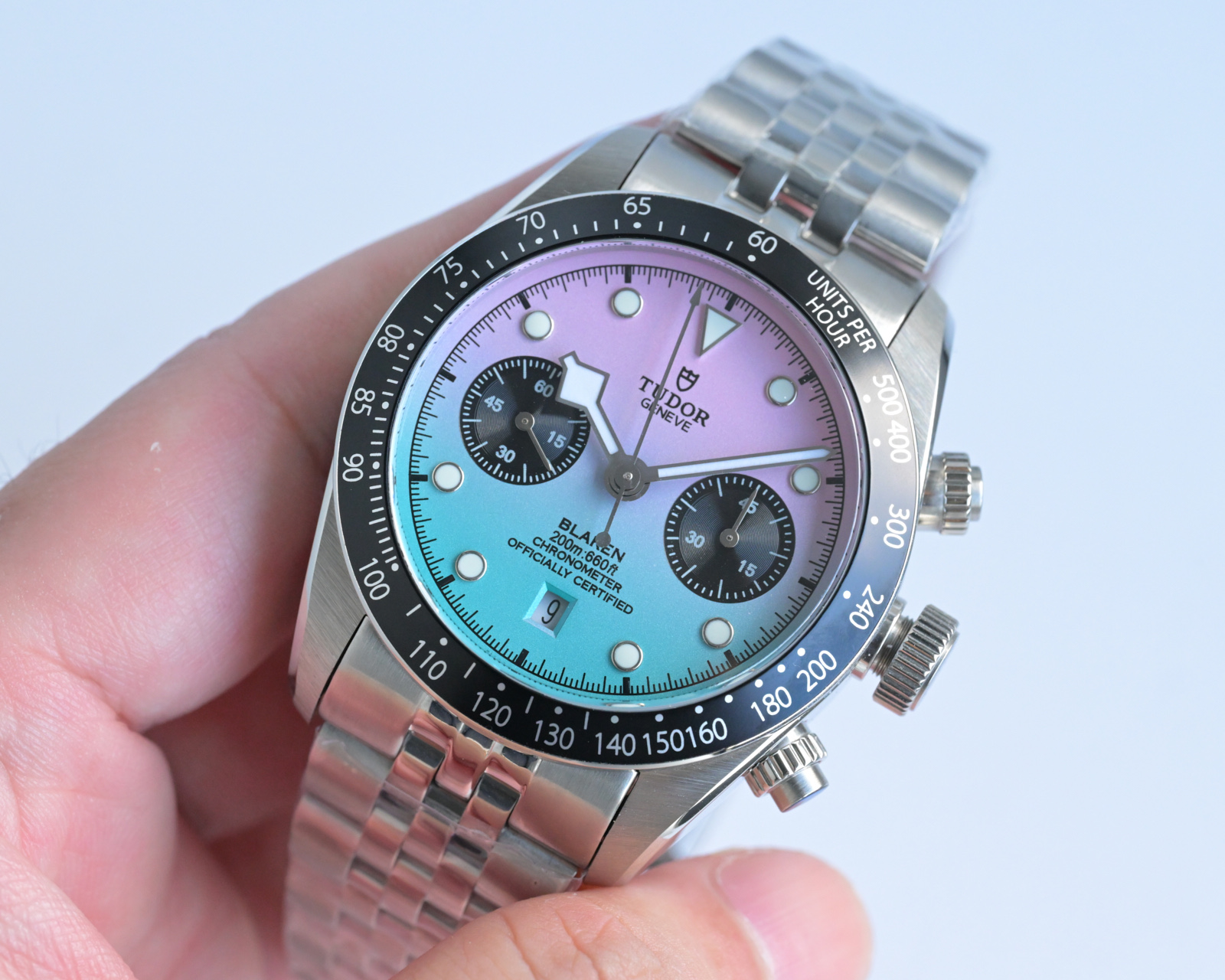 Tudor Black Bay Chrono steel case, black bezel, pink-to-blue dial, silver bracelet 41mm Men's Automatic