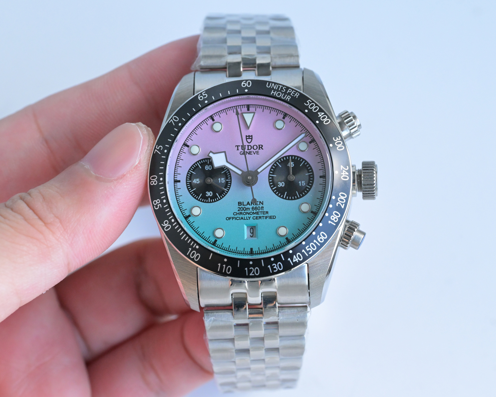 Tudor Black Bay Chrono steel case, black bezel, pink-to-blue dial, silver bracelet 41mm Men's Automatic