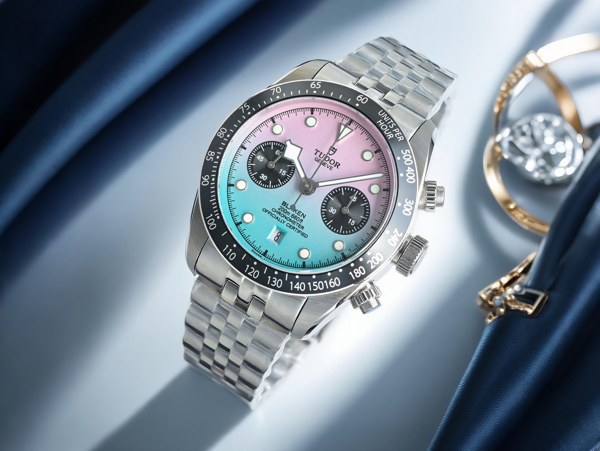 Tudor Black Bay Chrono cassa e bracciale in acciaio inossidabile, lunetta nera, quadrante rosa e blu 41 mm Automatico da uomo