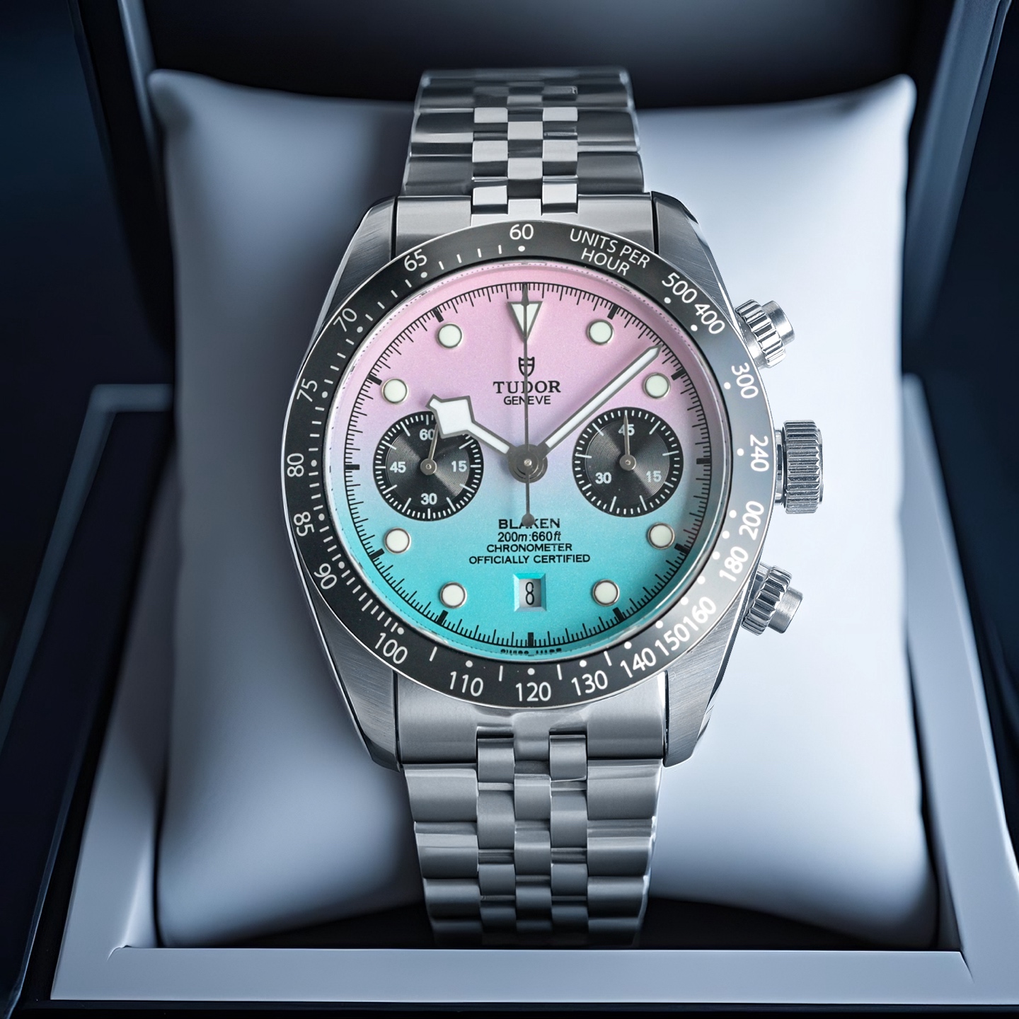 Tudor Black Bay Chrono cassa e bracciale in acciaio inossidabile, lunetta nera, quadrante rosa e blu 41 mm Automatico da uomo