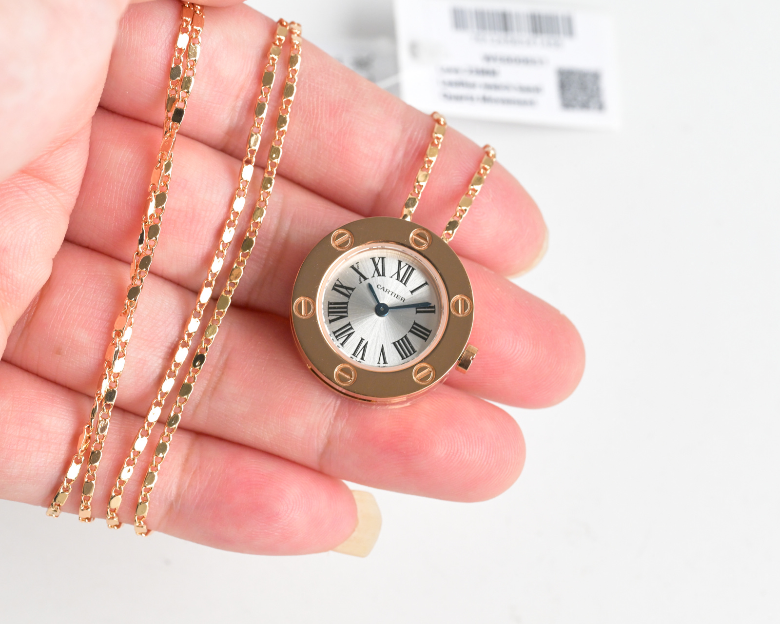 Cartier Love Necklace Watch rose gold case and bezel, silver dial, rose gold chain strap 23mm Women's Quartz