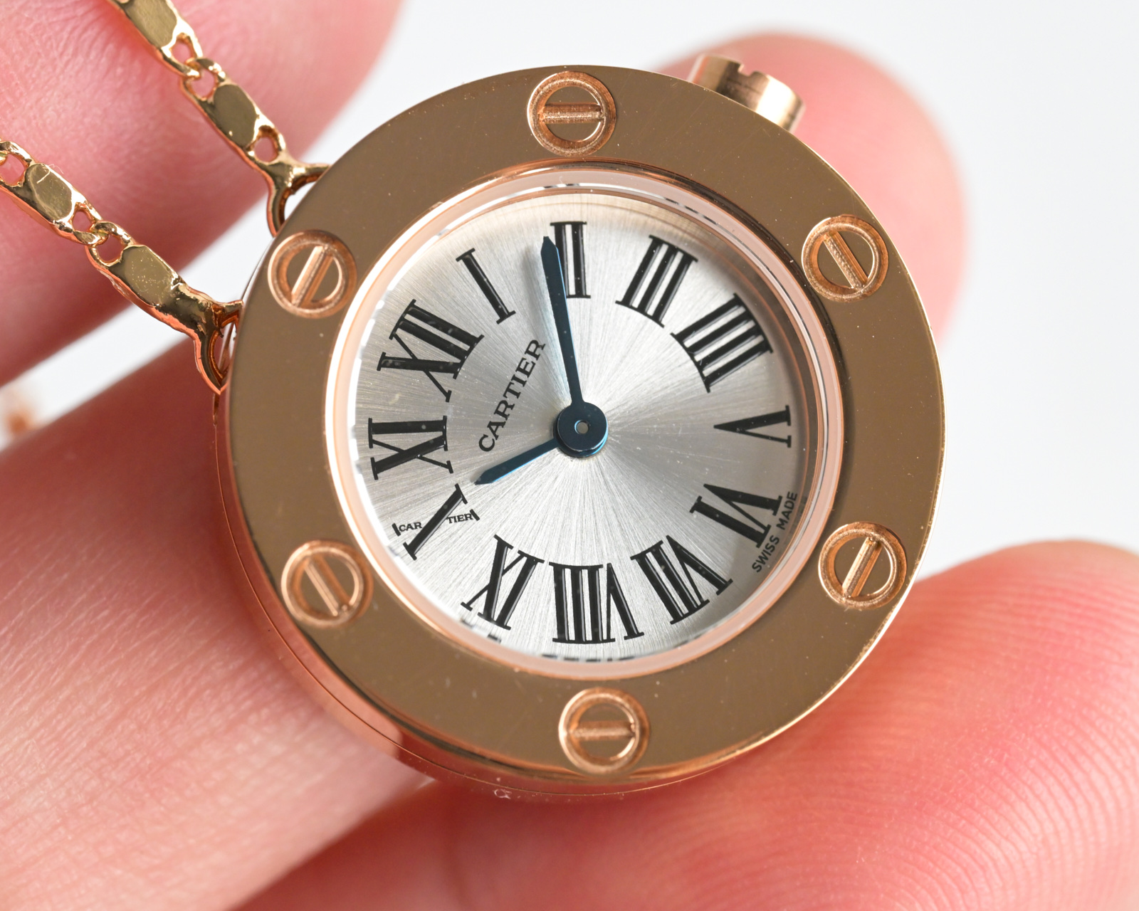 Cartier Love Necklace Watch rose gold case and bezel, silver dial, rose gold chain strap 23mm Women's Quartz