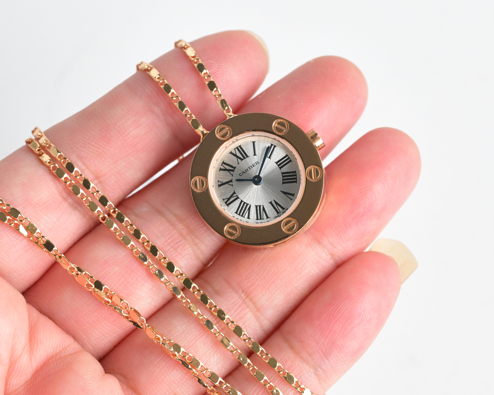 Cartier Love Necklace Watch rose gold case and bezel, silver dial, rose gold chain strap 23mm Women's Quartz