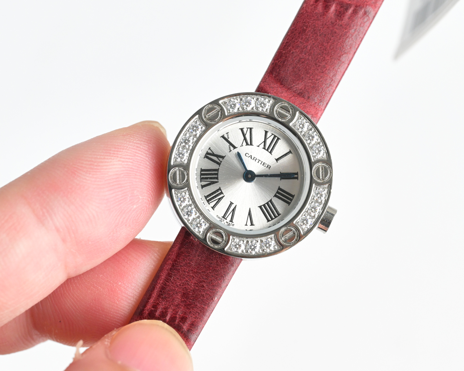 Cartier Love Watch stainless steel and diamond bezel, silver dial, burgundy leather strap 23mm Women's Quartz