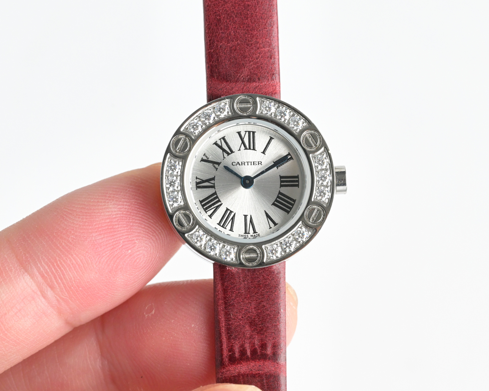 Cartier Love Watch stainless steel and diamond bezel, silver dial, burgundy leather strap 23mm Women's Quartz