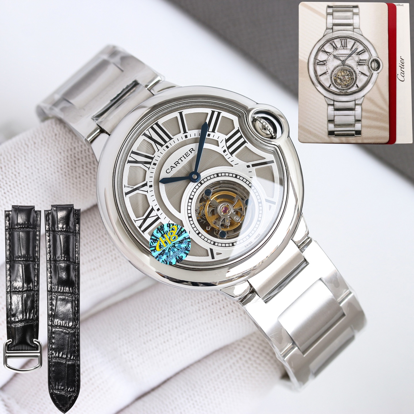 Cartier Ballon Bleu de Cartier Flying Tourbillon W6920021 white gold case and bezel, silver skeleton dial, dark brown leather strap 46mm Men's Mechanical