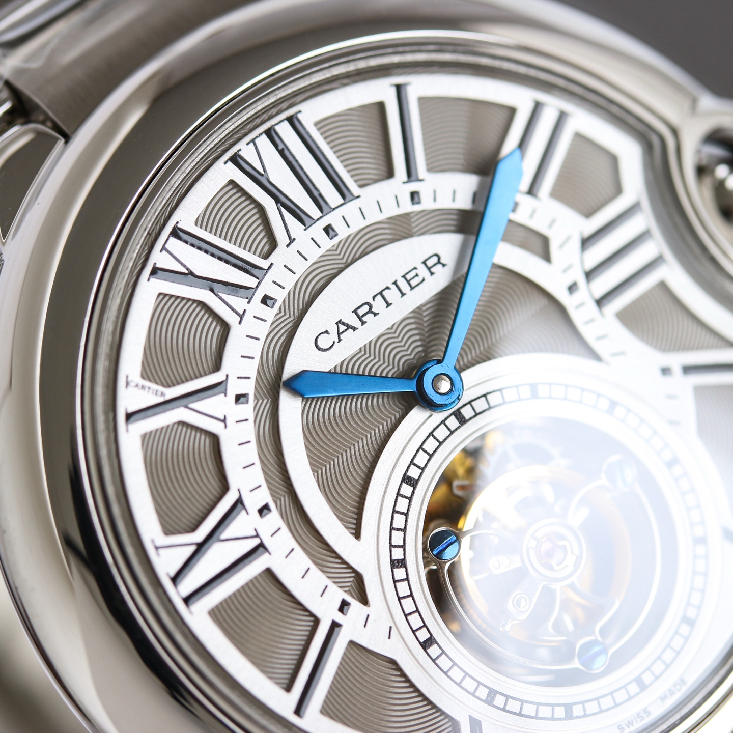 Cartier Ballon Bleu de Cartier Flying Tourbillon W6920021 white gold case and bezel, silver skeleton dial, dark brown leather strap 46mm Men's Mechanical