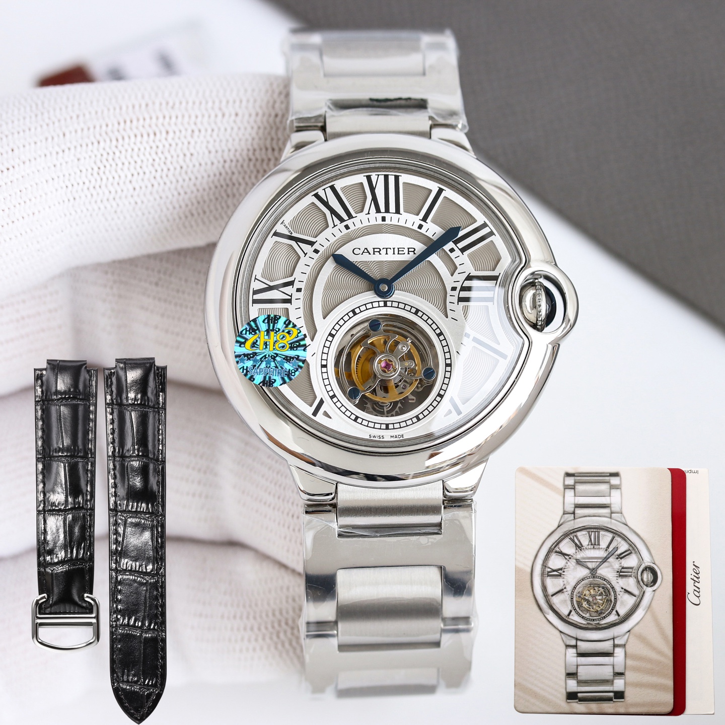 Cartier Ballon Bleu de Cartier Flying Tourbillon W6920021 white gold case and bezel, silver skeleton dial, dark brown leather strap 46mm Men's Mechanical