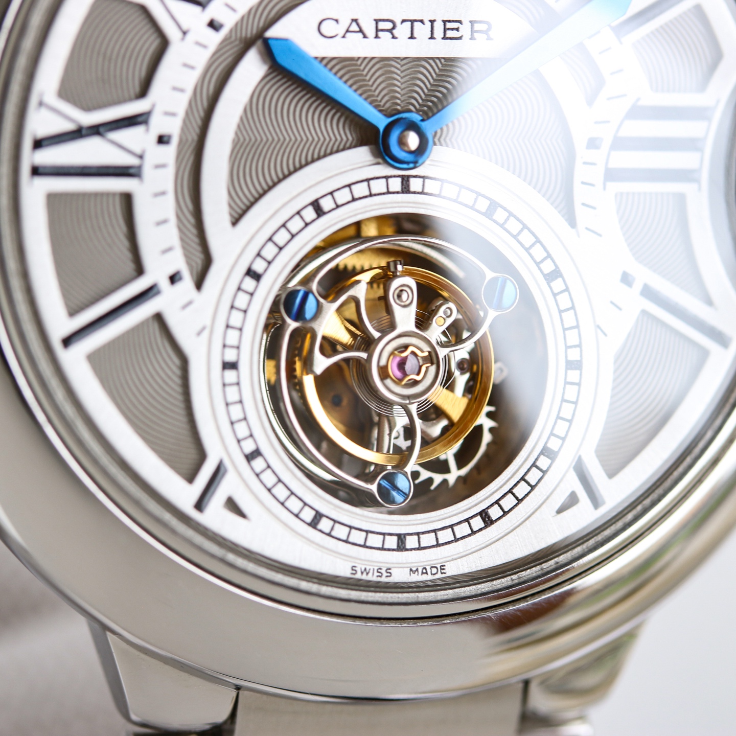 Cartier Ballon Bleu de Cartier Flying Tourbillon W6920021 white gold case and bezel, silver skeleton dial, dark brown leather strap 46mm Men's Mechanical