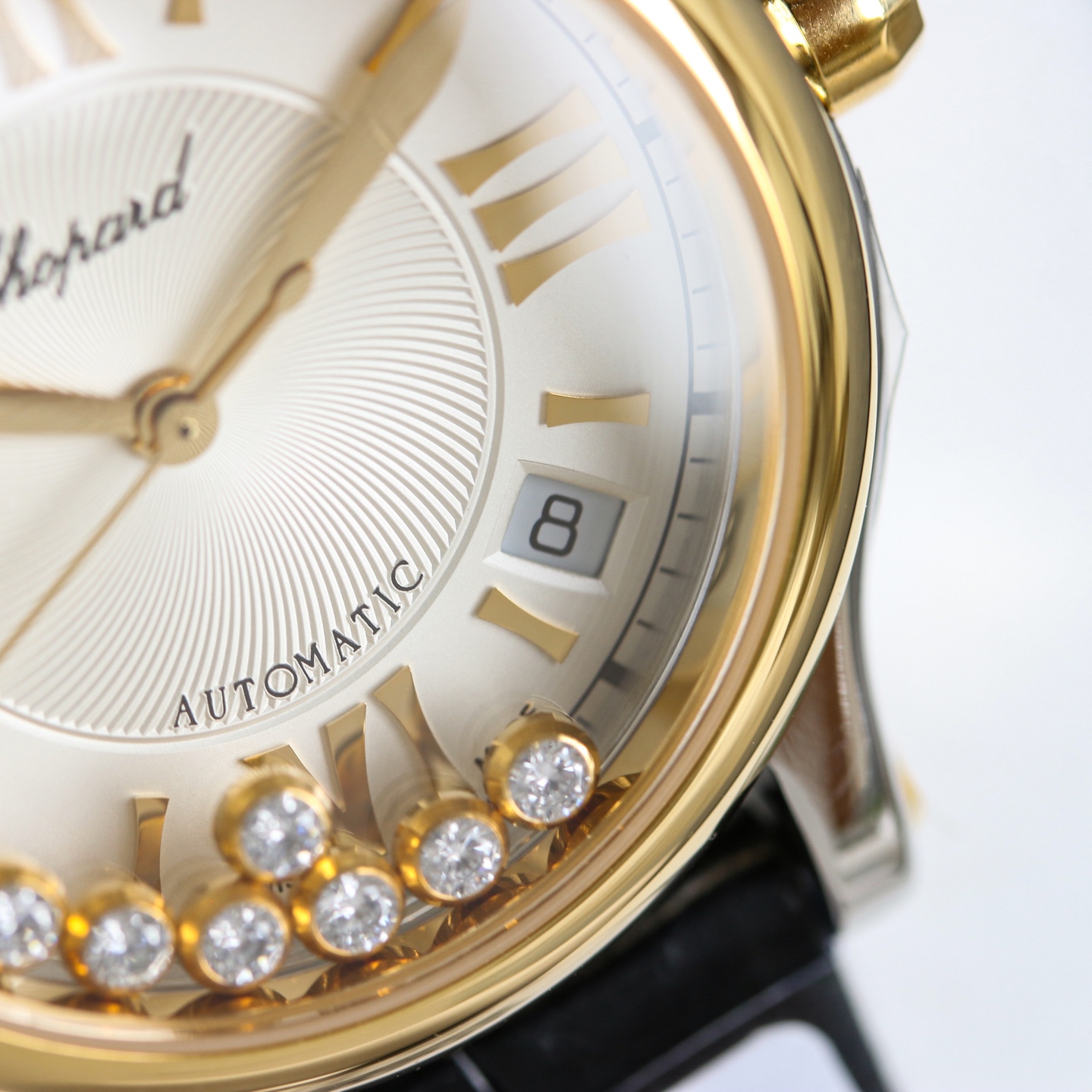 Chopard Happy Sport Automatic stainless steel and yellow gold bezel, silver guilloche dial, black leather strap 36mm Women's Automatic