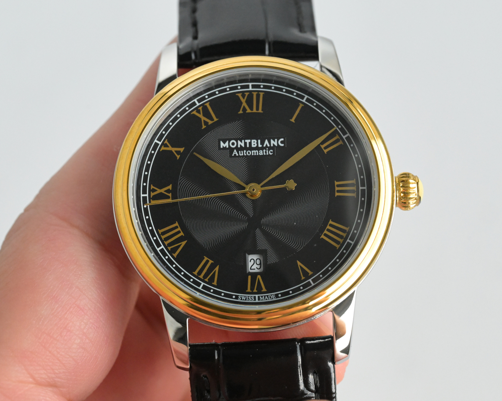 Montblanc Star Legacy Automatic Date two-tone steel and yellow gold case, silver dial, black leather strap 39mm Men's Automatic