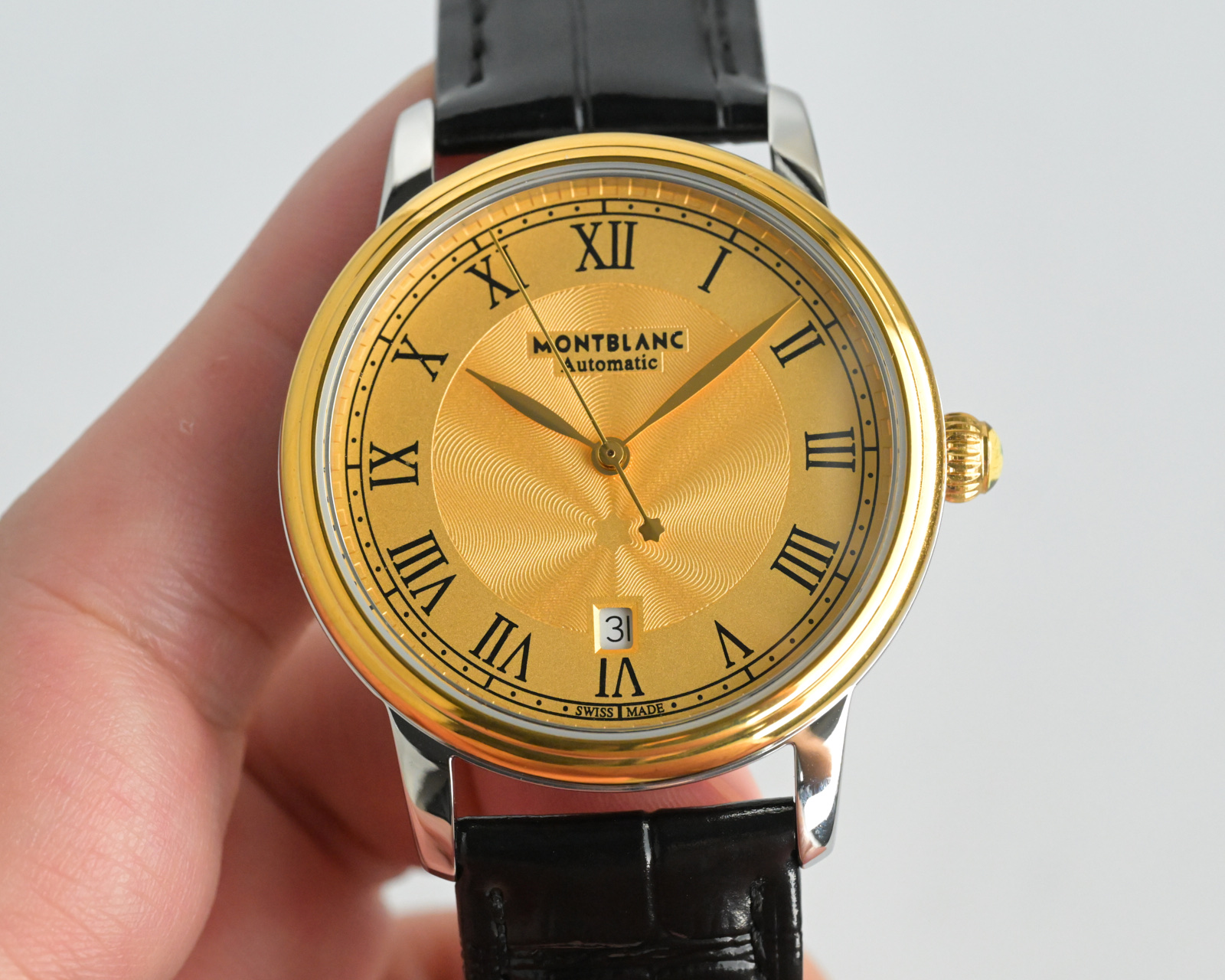 Montblanc Star Legacy Automatic Date two-tone steel and yellow gold case, silver dial, black leather strap 39mm Men's Automatic