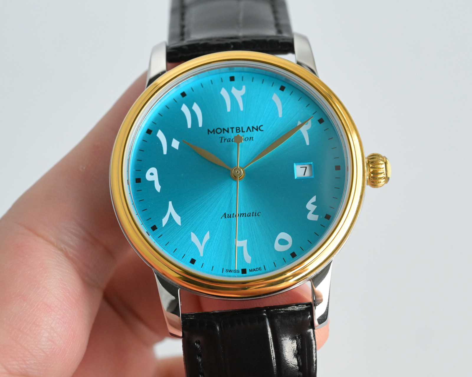 Montblanc Tradition Automatic Date Arabic Dial silver and gold case, black dial, black leather strap 40mm Men's Automatic