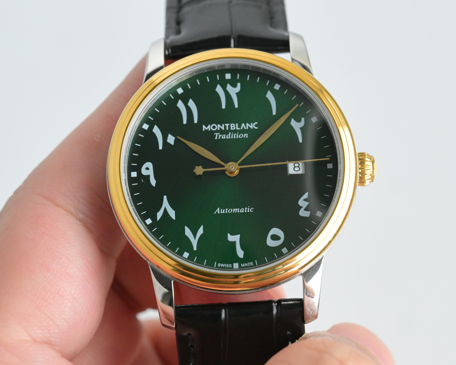 Montblanc Tradition Automatic Date Arabic Dial silver and gold case, black dial, black leather strap 40mm Men's Automatic