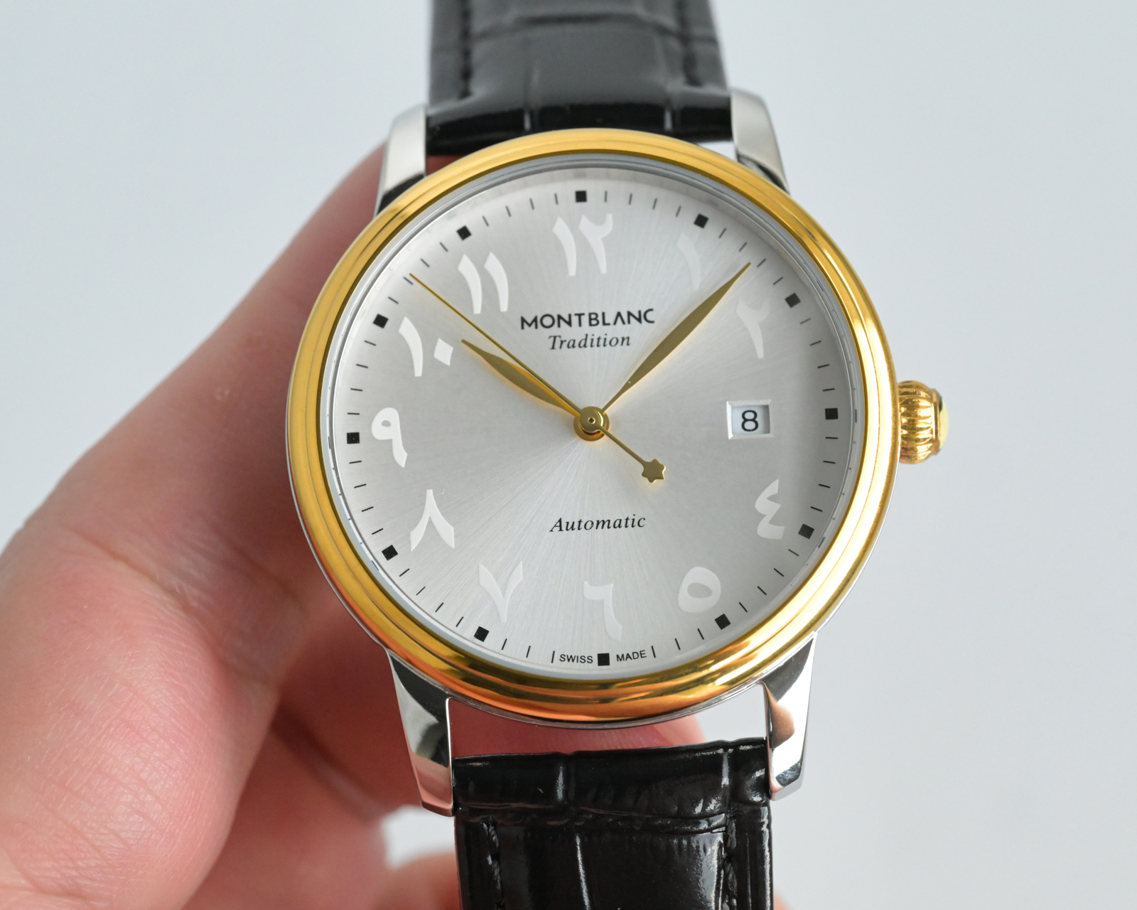 Montblanc Tradition Automatic Date Arabic Dial silver and gold case, black dial, black leather strap 40mm Men's Automatic