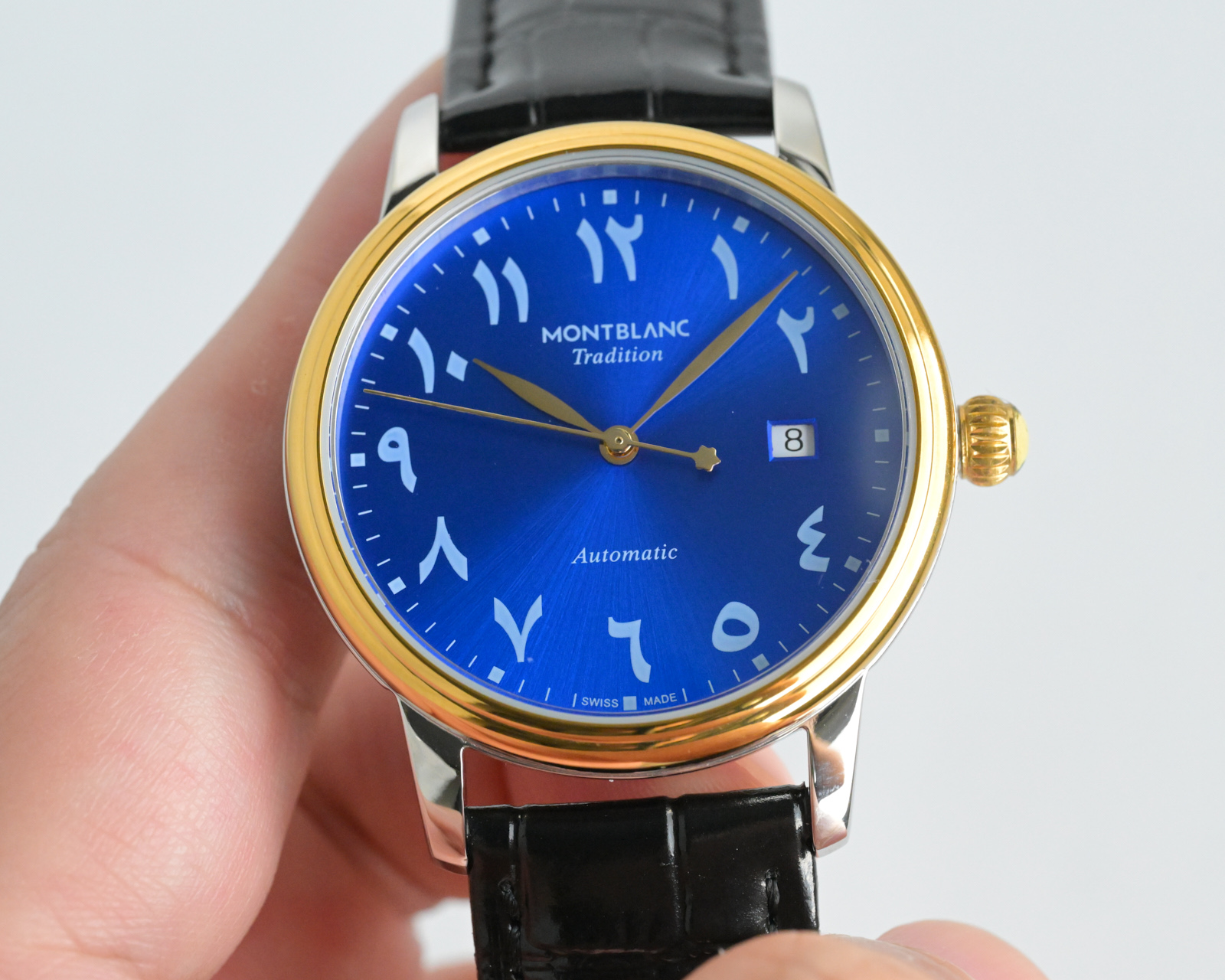 Montblanc Tradition Automatic Date Arabic Dial silver and gold case, black dial, black leather strap 40mm Men's Automatic