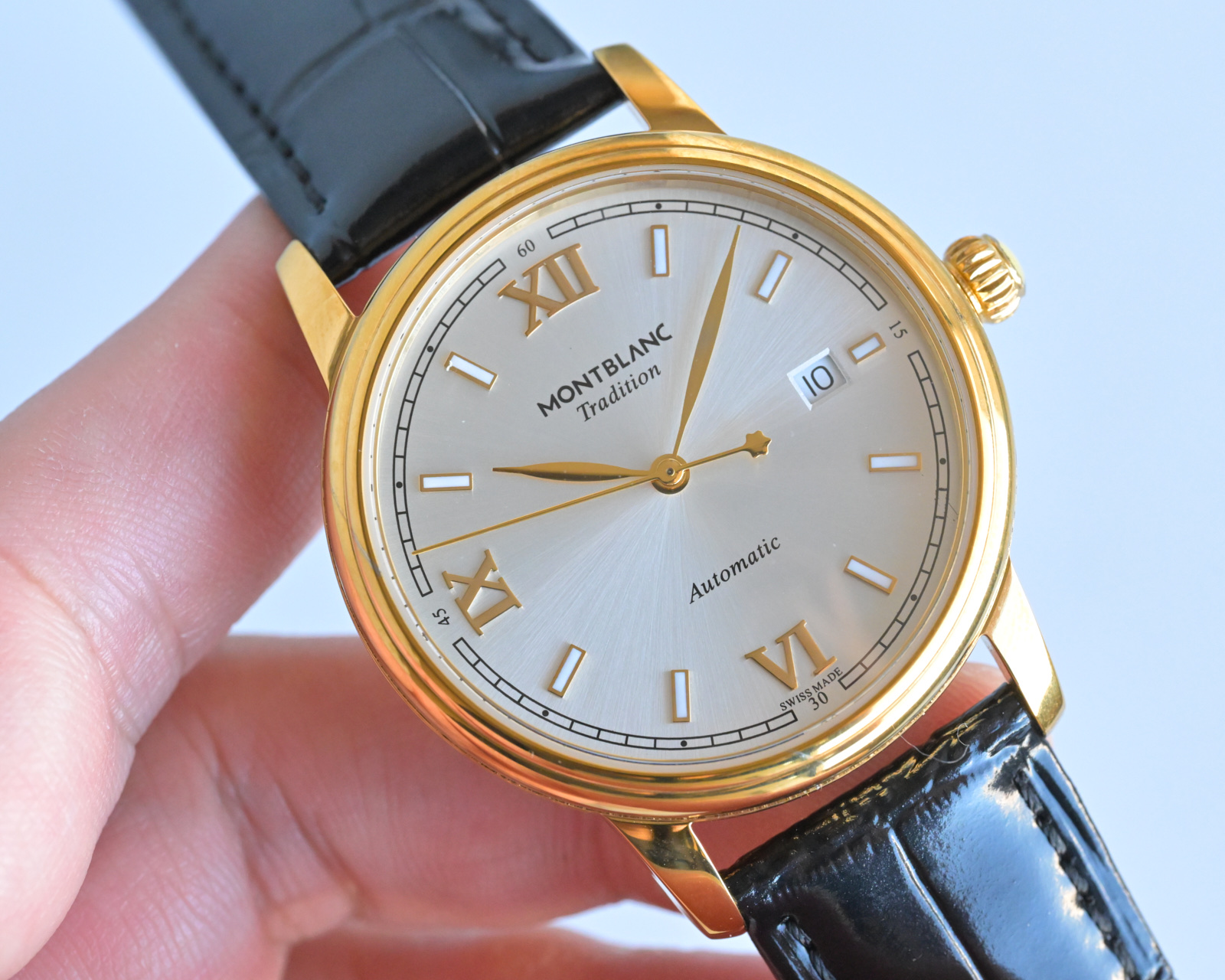 Montblanc Tradition Automatic rose gold-tone case, silver dial, black leather strap 40mm Men's Automatic