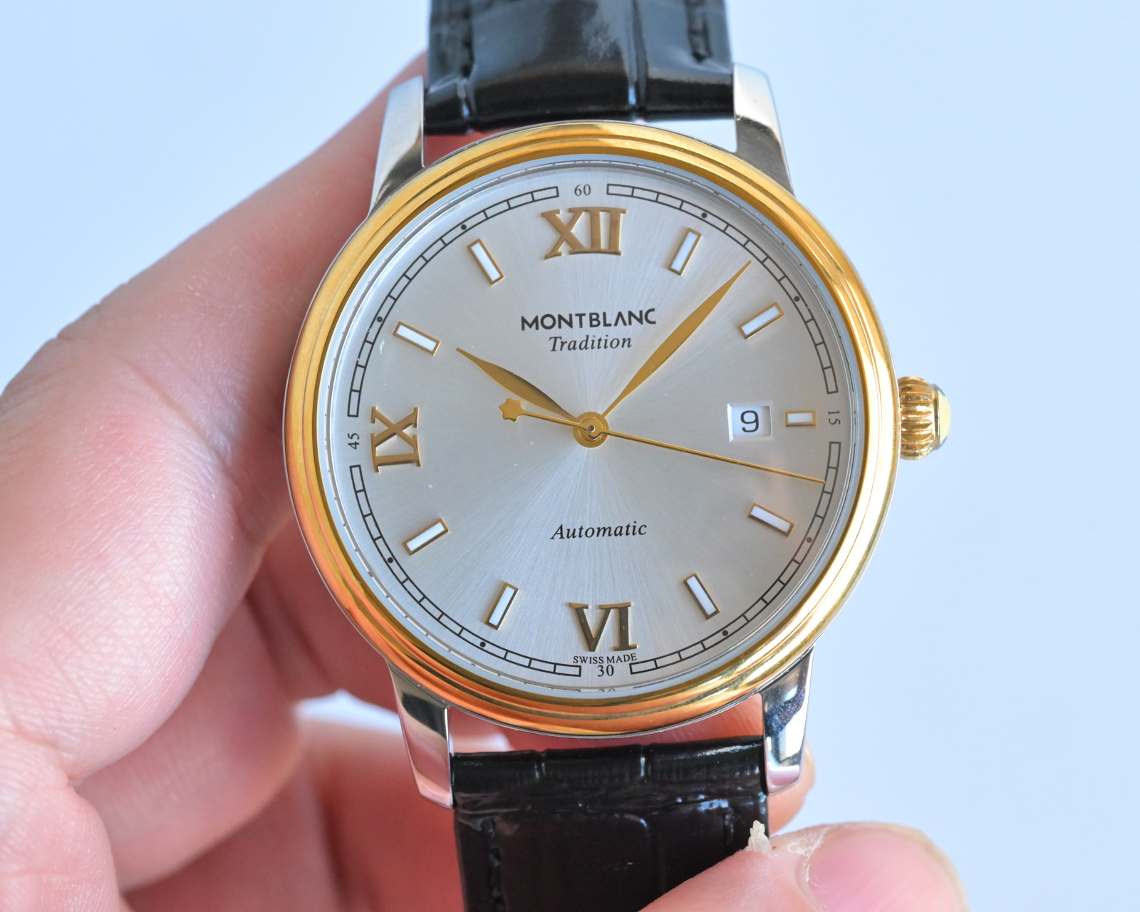 Montblanc Tradition Automatic rose gold-tone case, silver dial, black leather strap 40mm Men's Automatic