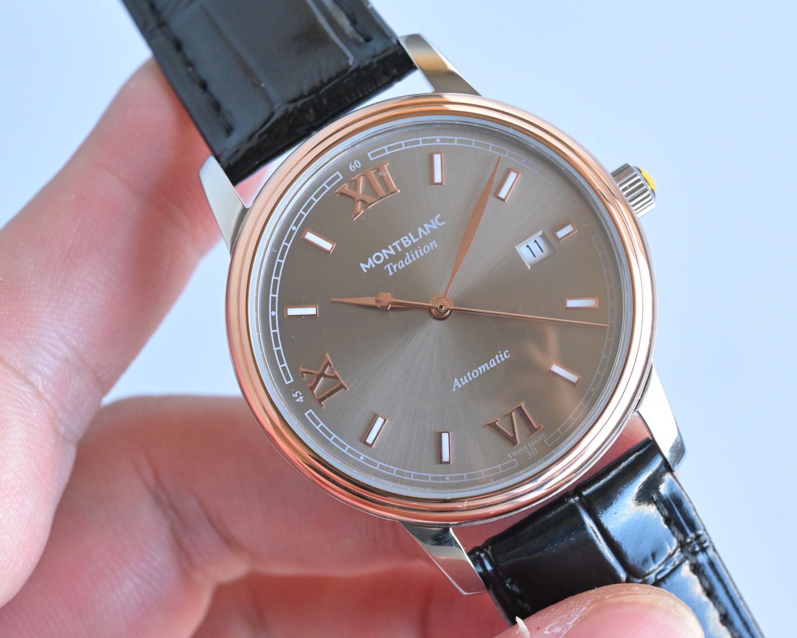 Montblanc Tradition Automatic rose gold-tone case, silver dial, black leather strap 40mm Men's Automatic