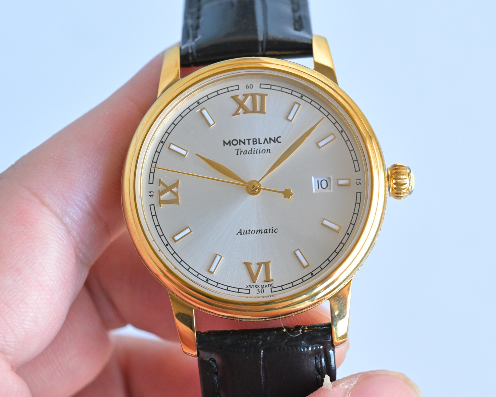 Montblanc Tradition Automatic rose gold-tone case, silver dial, black leather strap 40mm Men's Automatic